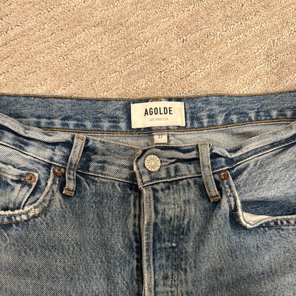 Agolde Blue Distressed Straight Leg Jeans - Picture 3 of 4